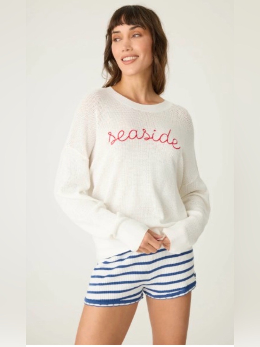 Seaside Waffle & Embroidered Sweater - White